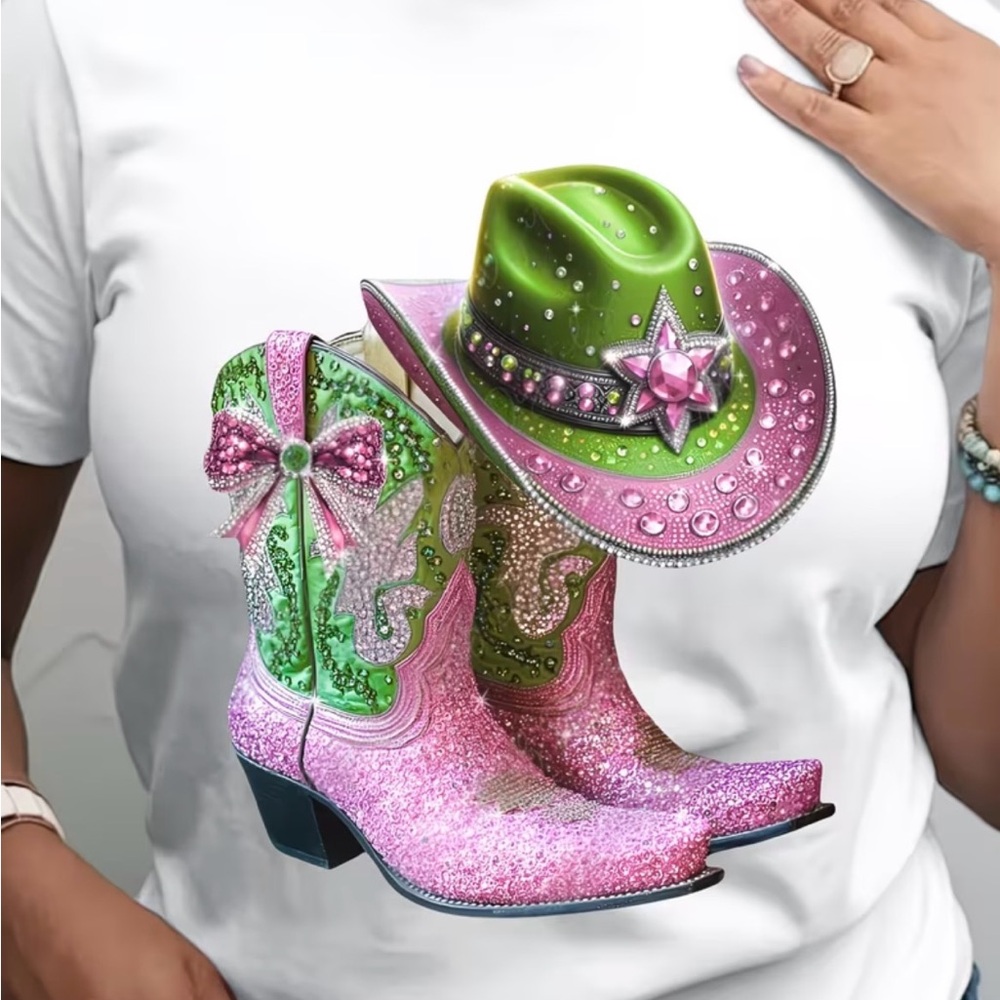 🆕 Pinkish Purple and Green Glitter Cowboy Boots and Hat T-Shirt